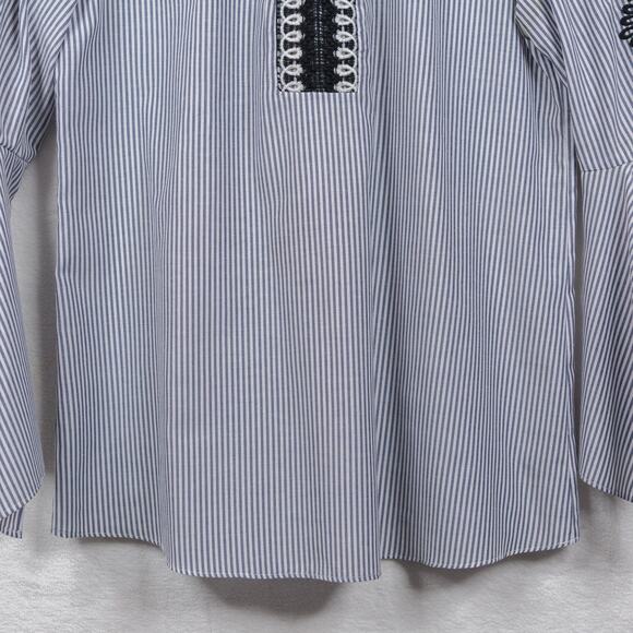 KOBI HALPERIN Skylyn Crochet Trimmed Navy Striped Bell Sleeve Blouse Sz S - Picture 6 of 9